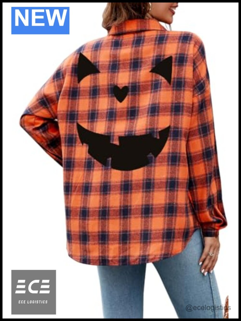 Womens Halloween Flannel Plaid Button Down Shirt Pumpkin Face Long Sleeve
